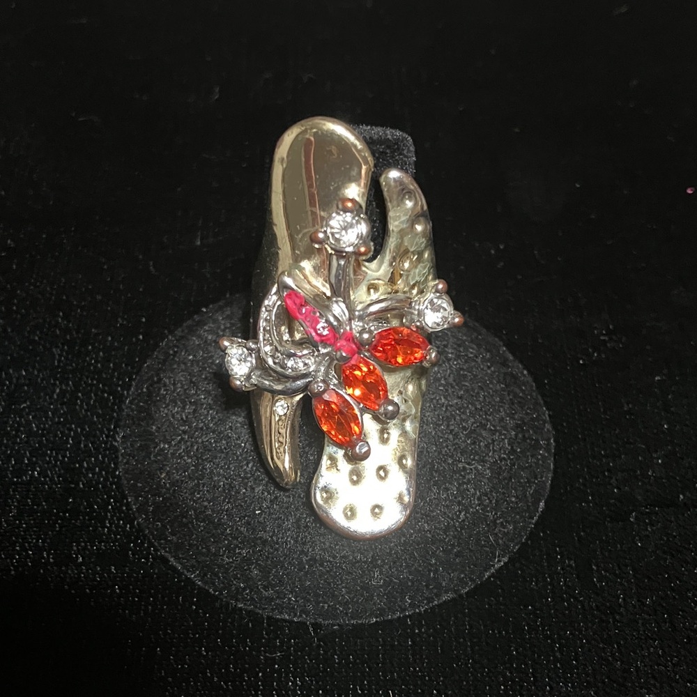 Gold-Tone Floral Cocktail Ring with  Orange Crystals